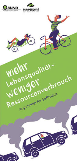 Publikationscover: Mehr Lebensqualität - weniger Ressourcenverbrauch, Argumente für Suffizienz. Oben sind zwei gezeichnete Menschen, die fröhlich mit dem Fahrrad fahren, in der Mitte der Titel und darunter gezeichnete Autos im Stau, die Abgase produzieren.