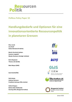 Publikationscover: Handlungsbedarfe und Optionen für eine innovationsorientierte Ressourcenpolitik. Zum Titel finden sich die Logos der an der Publikation beteiligten AkteurInnen u.a. das Öko-Institut.