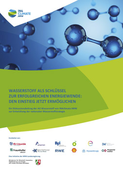 Publikationscover: Im oberen Drittel sind Modelle von Wasserstoffmolekülen abgebildet. Darunter der Titel "Wasserstoff als Schlüssel zur erfolgreichen Energiewende: Den Einstieg jetzt ermöglichen" und die Beteiligten Organisationen.