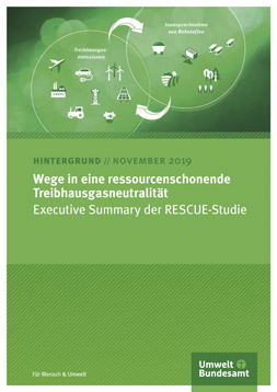 Publikationcover: Zentral steht der Titel " Wege in eine ressourcenschonende Treibhausgasneutralität". Darüber sind zwei Kreise. In einem sind Icons von Rohstoffen und in dem anderen Icons von Energieverbrauchern und -erzeugern. Die Wechselwirkungen ziwschen beiden Kreis sind mit Pfeilen dargestellt.