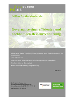 Publikationscover: im oberen Drittel ist im Hintergrund ein Bach in einem Wald. davor ist der Titel "Governance einer effizienten und nachhaltigen Ressourcennutzung".