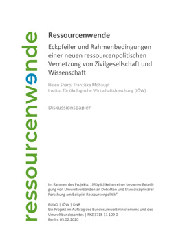 Publikationscover: auf der linken Seite das auf die Seite gedrehtes Logo der Ressourcenwende. Rechts daneben der Titel: "Ressourcenwende. Eckpfeiler und Rahmenbedingungen einer neuen ressourcenpolitischen Vernetzung von Zivilgesellschaft und Wissenschaft."