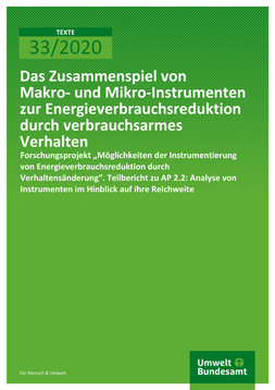 Publikationscover: Grüner Hintergrund mit dem Titel "Das Zusammenspiel von Makro- und Mikro-Instrumenten zur Energieverbrauchsreduktion durch verbrauchsarmes Verhalten" in weißer Schrift.