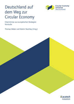 Publikationscover: Rechts in der Ecke steht der Titel "Deutschland auf dem Weg zur Circular Economy. Erkenntnisse aus europäischen Strategien." Darunter findet sich das Logo der Circular Economy Initiative Deutschland.