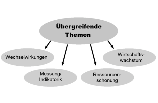 Grafik die das Themenfeld "Üergreifende Themen" aufschlüsselt. Übergeordnet in einem grauen Oval steht "Übergreifende Themen", davon gehen vier Pfeile nach unten, zu vier Ovalen mit den Unterthemen "Wechselwirkungen", Messung/Indikatorik", "Ressourcenschonung" und "Wirtschaftswachstum".