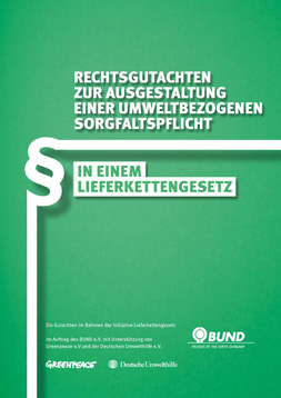 Publikationscover: grüner Hintergrund mit dem Titel "Rechtsgutachten zur Ausgestaltung einer umweltbezogenen Sorgfaltspflicht in einem Lieferkettengesetz". Daneben ein Paragrafenzeichen in weiß.