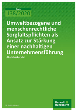 Publikationscover: grüner Hintergrung mit dem Titel "Umweltbezogene und menschenrechtliche Sorgfaltspflichten als Ansatz zur Stärkung einer nachhaltigen Unternehmensführung" in weiß.