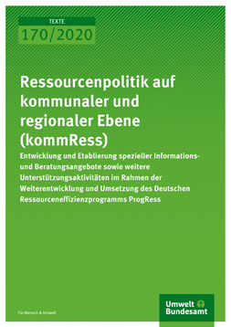 Publikationscover: grüner Hintergrund mit dem Titel "Ressourcenpolitik auf kommunaler und regionaler Ebene (kommRess)" in weiß.