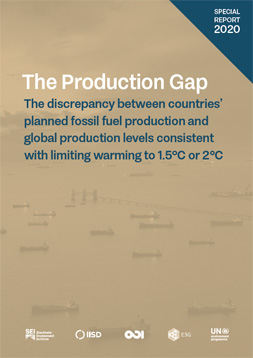 Braunes Cover mit dem Titel: "The Production Gap". IM Hintergrund mobile Bohrstationenauf dem Meer