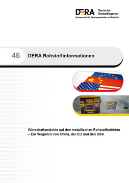 Publikationscover DERA: weißer Hintergrund mit dem Titel: Wirtschaftsmächte auf den metallischen Rohstoffmärkten – Ein Vergleich von China, der EU und den USA. Die europäische Flagge, die der USA und die von China sind zu sehen